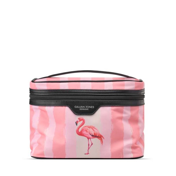 Gillian Jones Box Toilettaske Flamingo Lyser�d med rosa striber, pink flamingomotiv og sorte detaljer