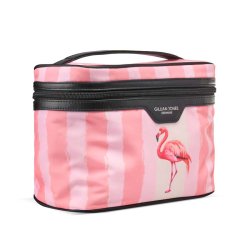Gillian Jones Flamingo Lyser�d toilettaske set fra siden med sort lynl�s og praktisk b�reh�ndtag