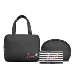 Gillian Jones Secret Love toilettaskes�t i sort med stor toilettaske, halvrund kosmetiktaske og stribet makeup-pung med lyser�d Love-tekst
