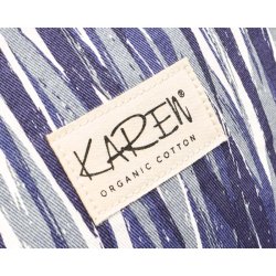 N�rbillede af Karen logo p� Santorini Beach Wave toilettaske i bomuld med bl� og hvide striber