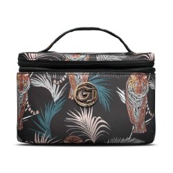 Gillian Jones beautyboks i sort med tigerprint, tropiske palmeblade, guldfarvet GJ-logo og praktisk b�rehank