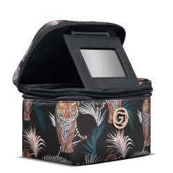 Gillian Jones makeupboks med tigerprint vist �ben med stort hovedrum og indbygget spejl til makeup
