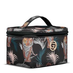Gillian Jones beautyboks Tiger Print Sort set fra siden med tropisk m�nster, lynl�slukning og b�rehank