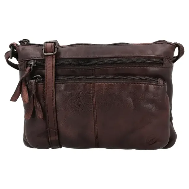 Hide & Stitches Paint Rock skuldertaske i brun l�der set forfra med lynl�slommer