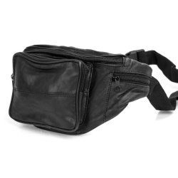 B�ltetaske i sort l�der &ndash; sidevisning med lynl�srum