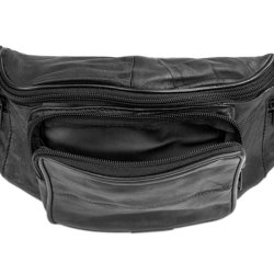 L�der b�ltetaske sort &ndash; �ben frontlomme med plads til indhold