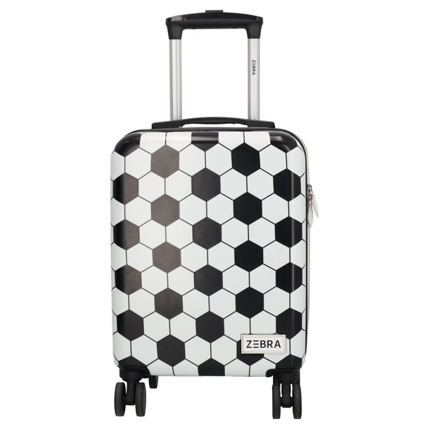 Zebra Trends Avonturier fodboldkuffert set forfra med sort-hvidt fodboldprint, fire dobbelthjul og udtr�kkeligt teleskoph�ndtag.