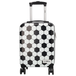 Fritlagt produktbillede af Zebra Trends Avonturier fodboldkuffert med sort-hvidt fodboldprint, teleskoph�ndtag og fire hjul.