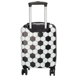 Bagsiden af Zebra Trends Avonturier fodboldkuffert med sort-hvidt boldprint, teleskoph�ndtag og fire dobbelthjul.