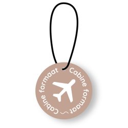 Rundt m�rke med flysymbol og teksten Cabine formaat, der illustrerer kuffertens kabineformat.