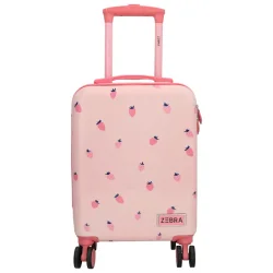 Zebra Trends Avonturier lyser�d b�rnekuffert set forfra med sm� jordb�r, pink teleskoph�ndtag og fire dobbelthjul.