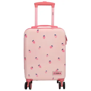 Zebra Trends Avonturier lyser�d b�rnekuffert set forfra med sm� jordb�r, pink teleskoph�ndtag og fire dobbelthjul.
