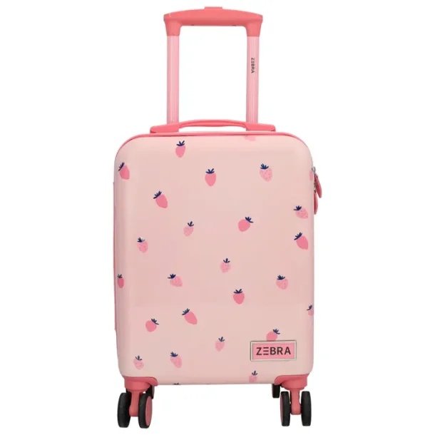 Zebra Trends Avonturier lyser�d b�rnekuffert set forfra med sm� jordb�r, pink teleskoph�ndtag og fire dobbelthjul.