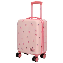 Zebra Trends Avonturier jordb�rkuffert set skr�t forfra med lyser�d h�rd skal, pink lynl�s og hjul med rosa detaljer.