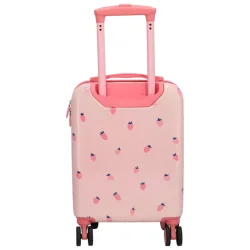 Bagsiden af Zebra Trends Avonturier b�rnekuffert med lyser�dt jordb�rprint og udtr�kkeligt pink teleskoph�ndtag.