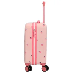 Zebra Trends Avonturier jordb�rkuffert set fra siden med pink lynl�slukning, lyser�d skal og dobbelthjul.