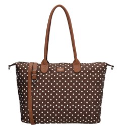 Charm London Buckingham m�rkebrun businessbag med hvide prikker, lange cognacfarvede skulderhanke og justerbar skulderrem set forfra.