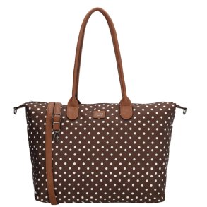 Charm London Buckingham m�rkebrun businessbag med hvide prikker, lange cognacfarvede skulderhanke og justerbar skulderrem set forfra.