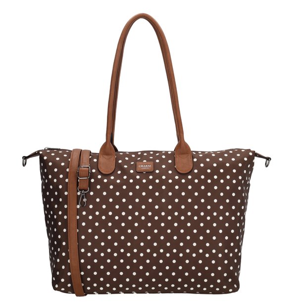 Charm London Buckingham m�rkebrun businessbag med hvide prikker, lange cognacfarvede skulderhanke og justerbar skulderrem set forfra.