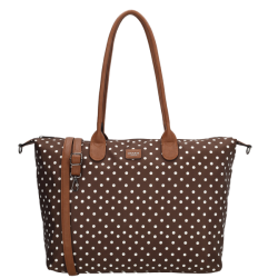 Fritlagt produktbillede af Charm London Buckingham m�rkebrun businessbag med hvide prikker, cognacfarvede hanke og skulderrem.