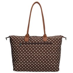 Bagsiden af Charm London Buckingham businessbag i m�rkebrun med hvide prikker, lange skulderhanke og vandret lynl�slomme.