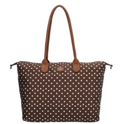 Charm London Buckingham m�rkebrun shopper med hvide prikker set forfra uden den aftagelige skulderrem.