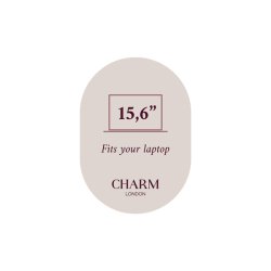 Produktm�rke fra Charm London med teksten 15,6 tommer Fits your laptop, der angiver taskens computerkompatibilitet.