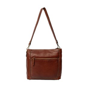 Detaljebillede af Myra Small taske i cognac l�der med frontlomme