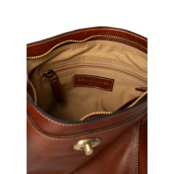 Detalje af cognac Moa Small l�dertaske med guldfarvet ringbeslag