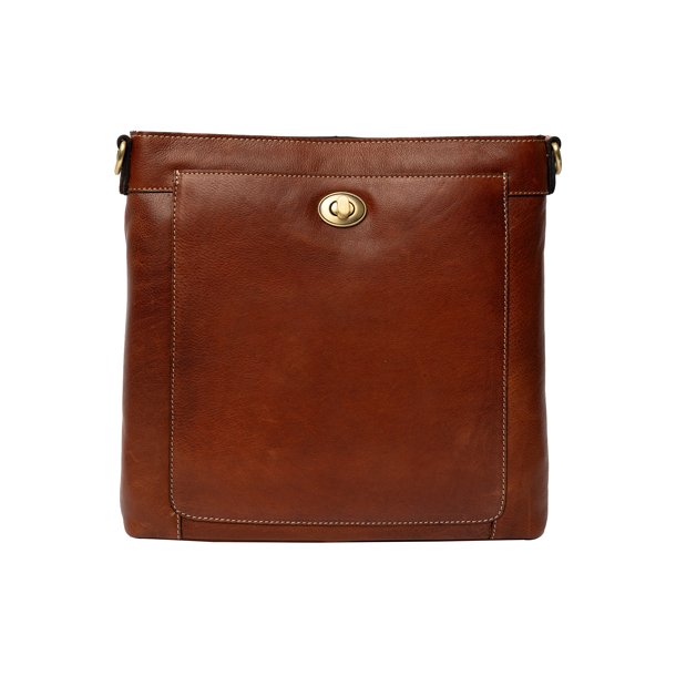 Front af Moa Small skuldertaske i cognac l�der med drejel�s