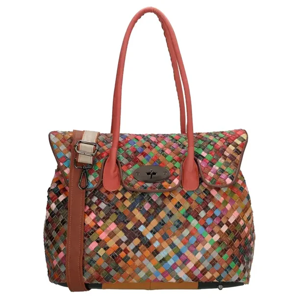 Farverig flettet l�der shopper set forfra med lange skulderhanke