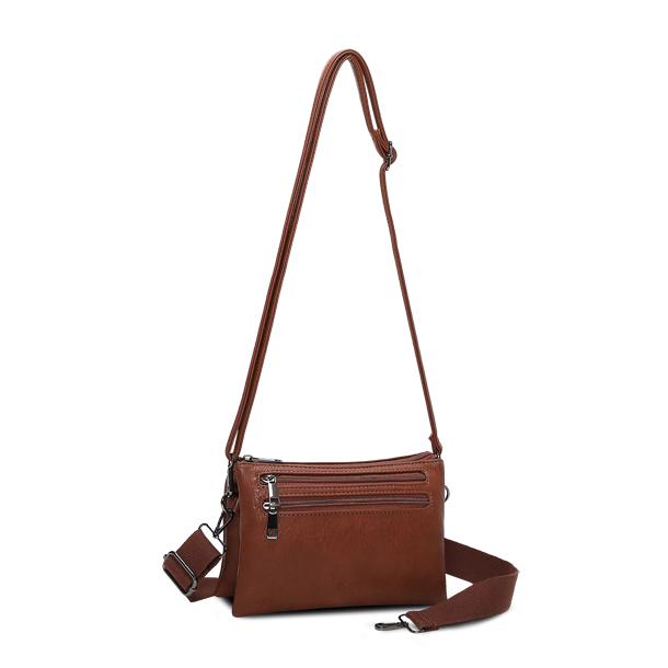 Duffy crossover taske i cognac skind med lynlslommer og skulderrem