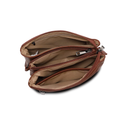 Indvendig opdeling af Duffy crossover taske i cognac med flere rum