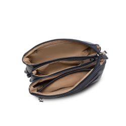 Indvendig visning af Duffy skuldertaske navy med tre rum og lommer