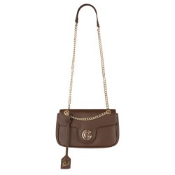 Gabriella G Firenze Siviglia m�rkebrun skuldertaske med guldfarvet k�derem, G-logo og elegant klaplukning set forfra