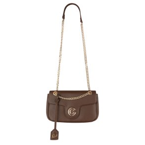 Gabriella G Firenze Siviglia m�rkebrun skuldertaske med guldfarvet k�derem, G-logo og elegant klaplukning set forfra