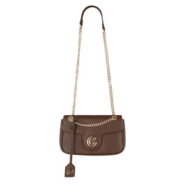 Gabriella G Firenze Siviglia m�rkebrun skuldertaske med guldfarvet k�derem, G-logo og elegant klaplukning set forfra