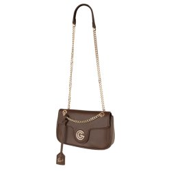 Gabriella G Firenze Siviglia skuldertaske i m�rkebrunt kunstl�der set fra siden med guldk�de og dekorativt G-logo