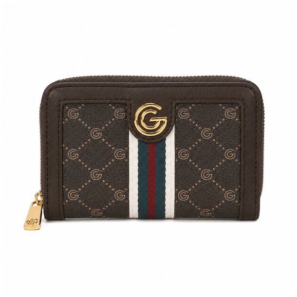 Gabriella G Firenze Chiara m�rkebrun damepung med G-m�nster, gr�nne og r�de striber samt guldfarvet G-logo set forfra