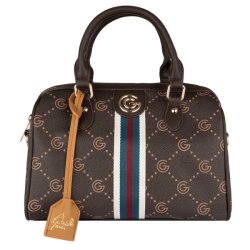Gabriella G Firenze Katia m�rkebrun h�ndtaske med G-m�nster, guldfarvet logo, stribet front og to b�rehanke set forfra
