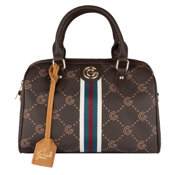 Gabriella G Firenze Katia m�rkebrun h�ndtaske med G-m�nster, guldfarvet logo, stribet front og to b�rehanke set forfra