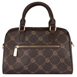 Bagsiden af Gabriella G Firenze Katia m�rkebrun h�ndtaske med G-m�nster, guldfarvet lynl�slomme og to b�rehanke