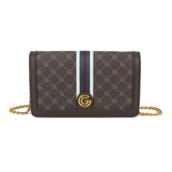 Gabriella G Firenze Queen clutch i m�rkebrun med G-m�nster, gr�nne og r�de striber, guldfarvet G-logo og k�derem set forfra