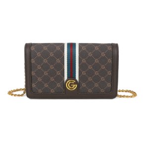 Gabriella G Firenze Queen clutch i m�rkebrun med G-m�nster, gr�nne og r�de striber, guldfarvet G-logo og k�derem set forfra