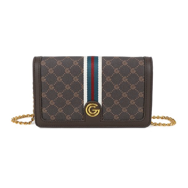 Gabriella G Firenze Queen clutch i m�rkebrun med G-m�nster, gr�nne og r�de striber, guldfarvet G-logo og k�derem set forfra