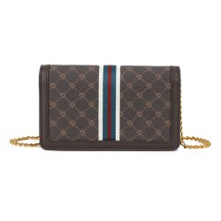 Bagsiden af Gabriella G Firenze Queen m�rkebrun clutch med G-m�nster, dekorative striber og guldfarvet k�derem