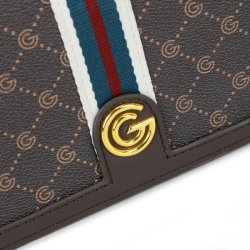 N�rbillede af Gabriella G Firenze Queen clutch med guldfarvet G-logo, monogramm�nster og striber i gr�n, r�d og creme