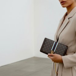Gabriella G Firenze Queen m�rkebrun clutch med G-m�nster og guldk�de b�ret i h�nden til elegant beige blazer