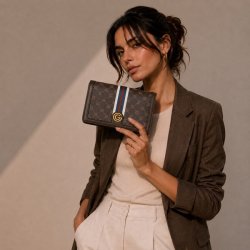 Gabriella G Firenze Queen clutch i m�rkebrun med guldfarvet G-logo vist sammen med elegant brunt dameoutfit