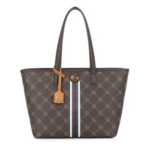 Gabriella G Firenze Tiziana shopper i m�rkebrun med G-m�nster, striber i gr�n, r�d og creme samt guldfarvet G-logo set forfra